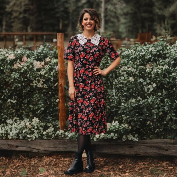 Unique Vintage Floral Shift Midi Dress Lace Neck Collar Pockets A-Line Skirt 1XL - Picture 1 of 12